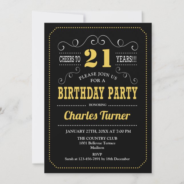 21st Birthday Party - Black Gold White Invitation (Front)