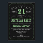 21st Birthday Party - Black Green Invitation<br><div class="desc">21st Birthday Party Invitation.
Elegant black,  green,  white retro design with chalkboard pattern and script font. Cheers to 21 years! Message me if you need further customization.</div>