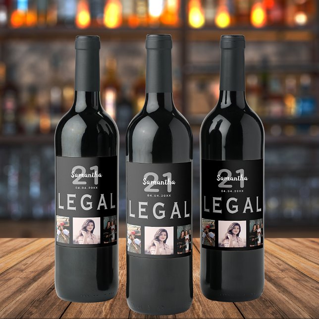 21st birthday party black legal photo collage wine label (Creator Uploaded)
