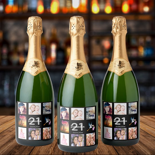21st birthday party black photo collage sparkling wine label (Creator Uploaded)