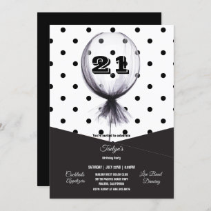 21st Birthday Party Black Polka Dots Balloon Invit Invitation