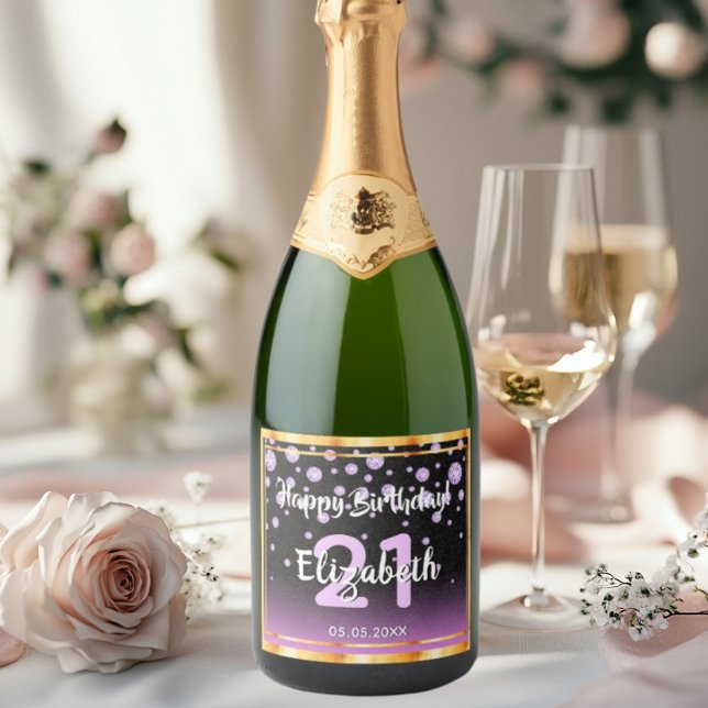 21st birthday party black purple diamonds glam sparkling wine label (Creator Uploaded)