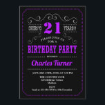 21st Birthday Party - Black Purple Invitation<br><div class="desc">21st Birthday Party Invitation.
Elegant black,  purple,  white retro design with chalkboard pattern and script font. Cheers to 21 years! Message me if you need further customization.</div>