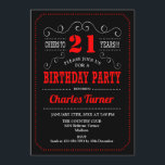 21st Birthday Party - Black Red White Invitation<br><div class="desc">21st Birthday Party Invitation.
Elegant black,  red,  white retro design with chalkboard pattern and script font. Cheers to 21 years! Message me if you need further customization.</div>