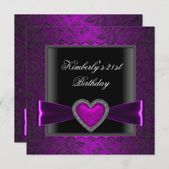 21st Birthday Party Black Silver Purple Heart Goth Invitation (Front/Back)