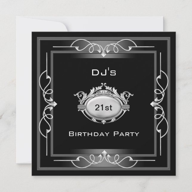 21st Birthday party  Black Silver White Art Deco Invitation (Front)