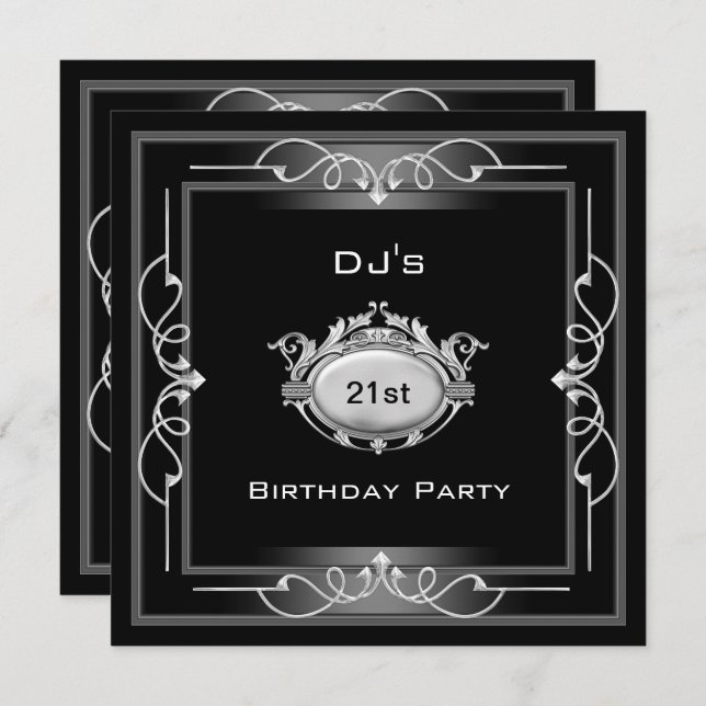 21st Birthday party  Black Silver White Art Deco Invitation (Front/Back)
