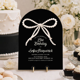 21st Birthday Party Black White Pearl Bow Arch Invitation