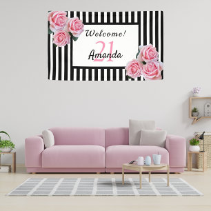 21st birthday party black white stripes florals banner