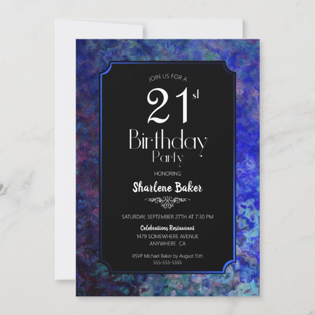 21st Birthday Party Black with Blue Border Invitation (Front)