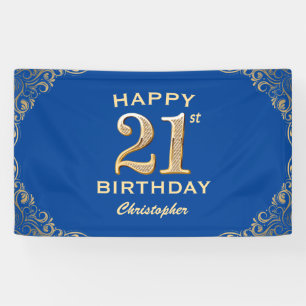21st Birthday Party Blue and Gold Glitter Frame Banner