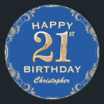 21st Birthday Party Blue and Gold Glitter Frame Classic Round Sticker<br><div class="desc">21st Birthday Party Blue and Gold Glitter Frame Sticker. For further customisation,  please click the "Customise it" button and use our design tool to modify this template.</div>