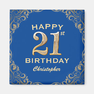 21st Birthday Party Blue and Gold Glitter Frame Magnet