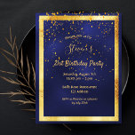 21st birthday party blue gold confetti invitation postcard<br><div class="desc">On front: A trendy,  modern 21st birthday party invitation card for men.   A dark blue,  navy blue background. The blue colour is uneven.  With a faux gold frame and golden confetti,  golden coloured letters. Templates for your party information.  Back: white background.</div>