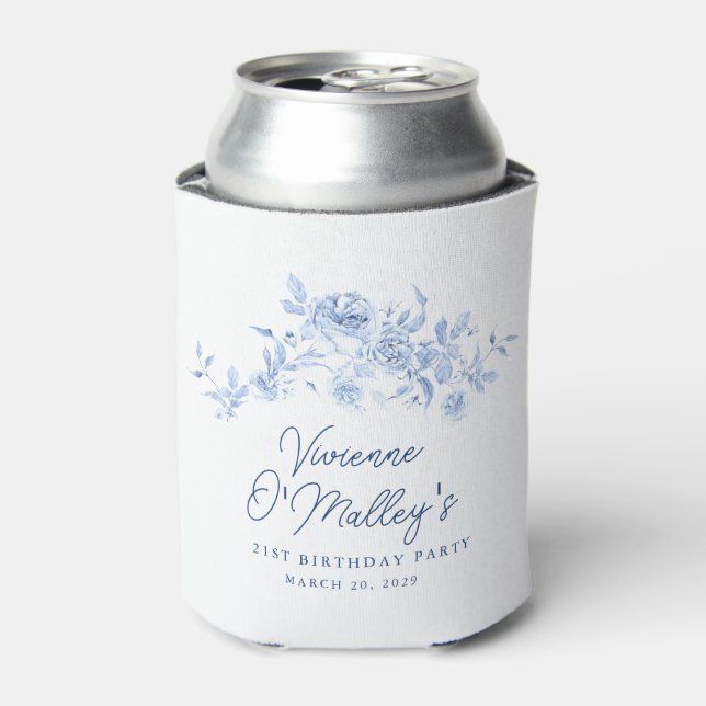 21st Birthday Party Blue Rose Floral Custom Can Cooler (Can Front)