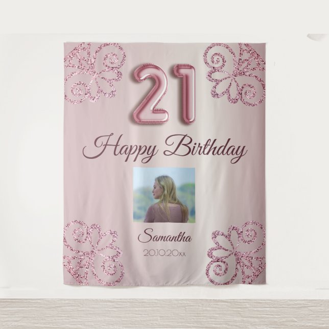 21st Birthday Party Blush Pink Balloon Glitter Tapestry (Front)