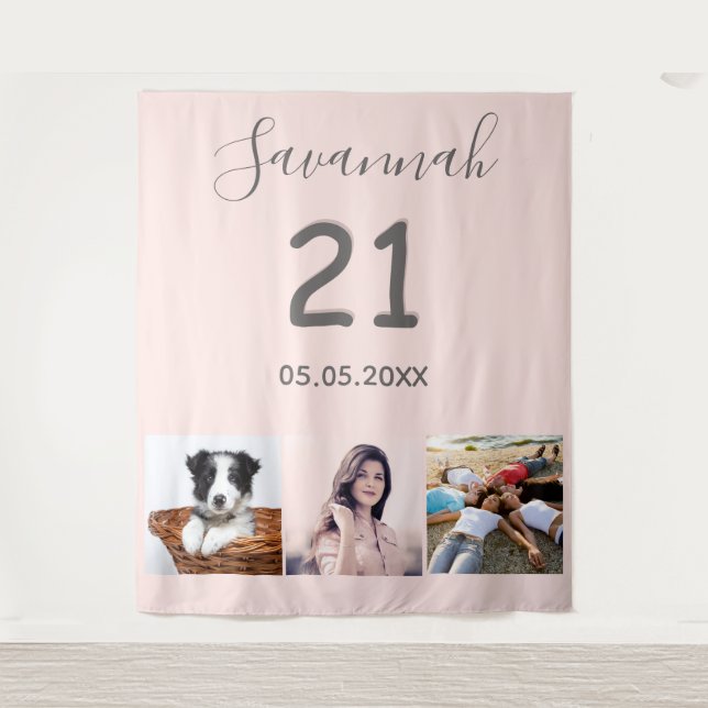 21st birthday party blush pink photo name tapestry (Front)