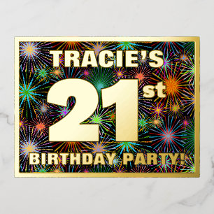 21st Birthday Party: Bold, Colorful Fireworks Look Foil Invitation Postcard