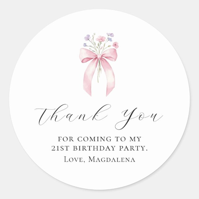 21st Birthday Party Bow Custom Thank You Favour Classic Round Sticker (Front)