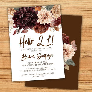 21st Birthday Party Brown Beige Flowers Floral Invitation