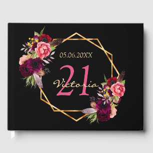 21st birthday party burgundy florals geometric guest book