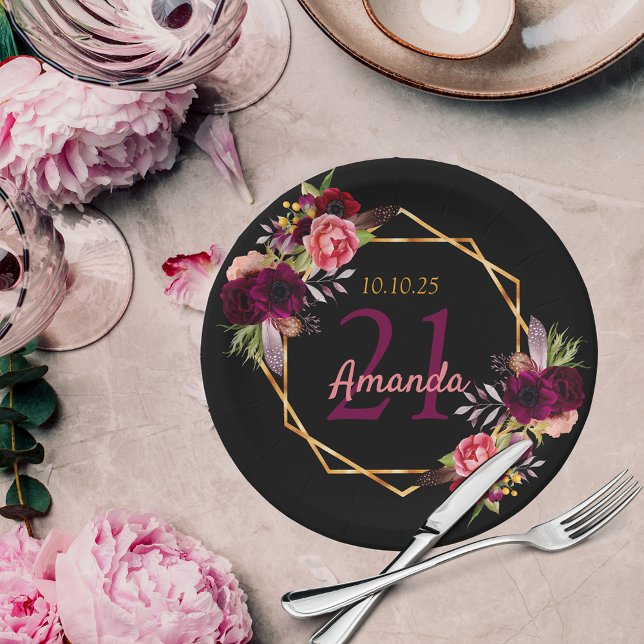 21st birthday party burgundy florals gold black paper plate (Creator Uploaded)