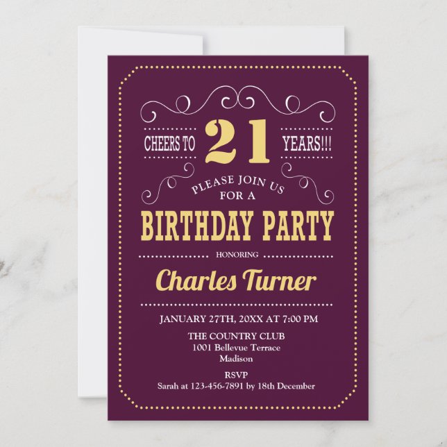 21st Birthday Party - Burgundy Gold Invitation (Front)