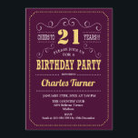 21st Birthday Party - Burgundy Gold Invitation<br><div class="desc">21st Birthday Party Invitation.
Elegant burgundy marsala wine and yellow gold retro design with script font. Cheers to 21 years! Message me if you need further customisation.</div>