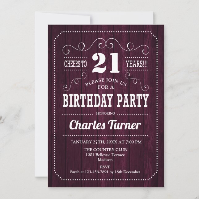 21st Birthday Party - Burgundy Wood Pattern Invitation (Front)