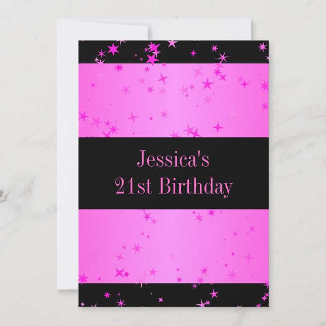 21st Birthday Party Candy Pink Stars Black Invitation (Front)