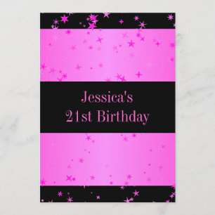 21st Birthday Party Candy Pink Stars Black Invitation