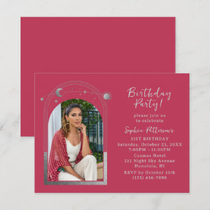 21st Birthday Party Celestial Photo Magenta Silver Invitation