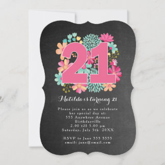 21st Birthday Party Chalkboard Painted Floral Invitation