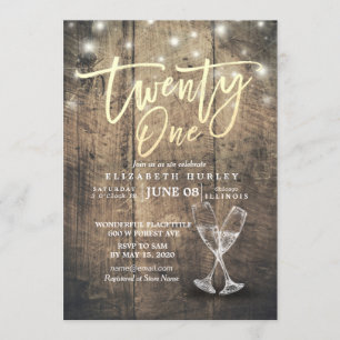 21st Birthday Party Champagne Glasses Wood Lights Invitation