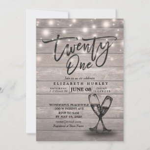 21st Birthday Party Champagne Glasses Wood Lights Invitation