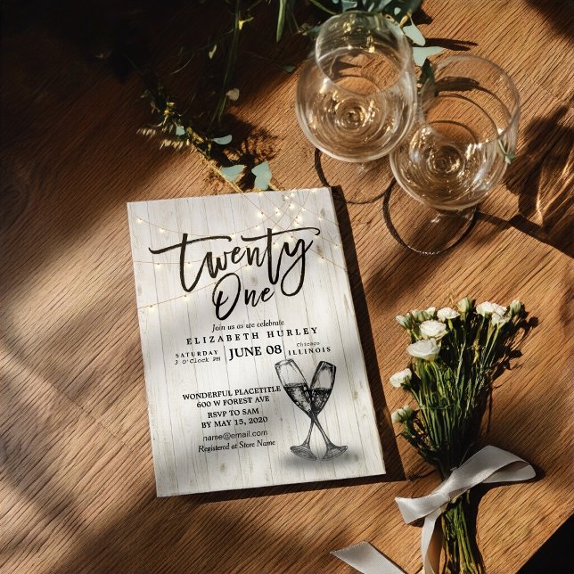 21st Birthday Party Champagne Glasses Wood Lights Invitation (Creator Uploaded)