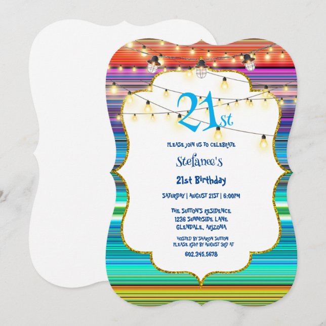 21st Birthday Party Colourful Stripes & Lights  Invitation (Front/Back)