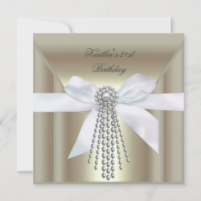 21st Birthday Party Cream Gold Pearl Jewel Invitation (Front)