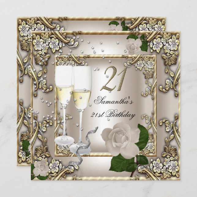 21st Birthday Party Cream Gold Rose Silver Invitation (Front/Back)