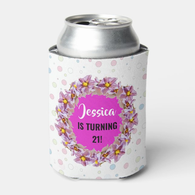 21st Birthday Party Custom Name Tropical Colours Can Cooler (Can Front)