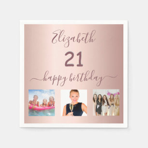21st birthday party custom photo rose gold pink napkin