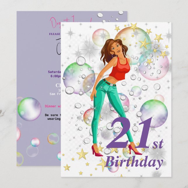 21st Birthday Party Cute Girl Meme Bubbles Stars Invitation (Front/Back)