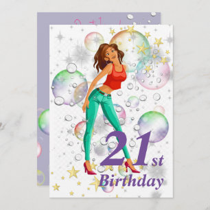 21st Birthday Party Cute Girl Meme Bubbles Stars Invitation