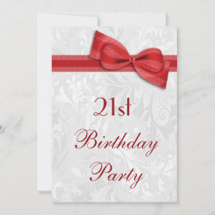 21st Birthday Party Damask and Faux Bow Invitation