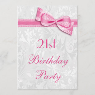 21st Birthday Party Damask and Pink Faux Bow Invitation