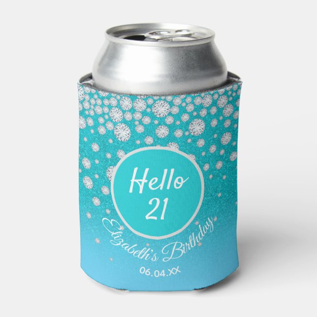 21st birthday party diamonds teal blue glitter can cooler (Can Front)