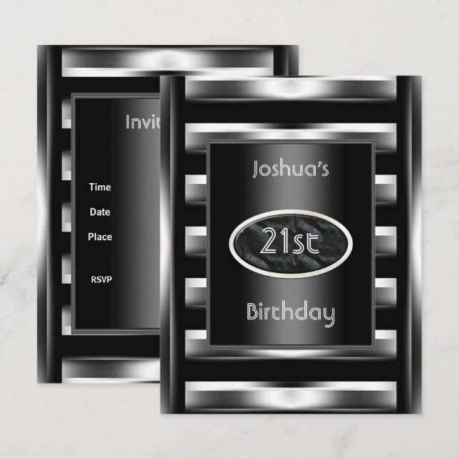 21st Birthday Party Elegant Black Metal Men 3 Invitation (Front/Back)