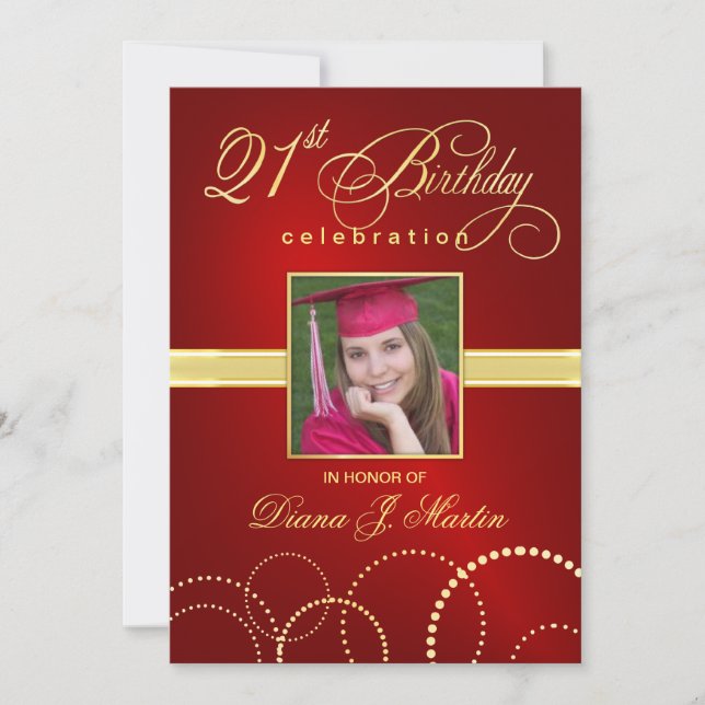 21st Birthday Party Elegant Red Photo Invitations (Front)