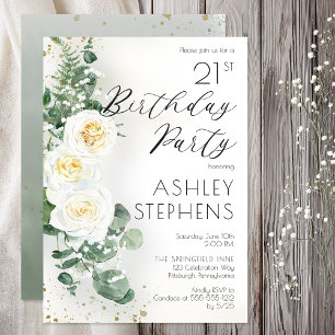 21st Birthday Party Elegant White Rose Eucalyptus  Invitation