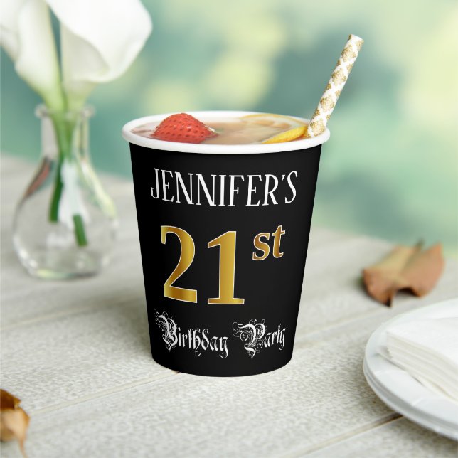 21st Birthday Party — Fancy Script, Faux Gold Look Paper Cups (Insitu)